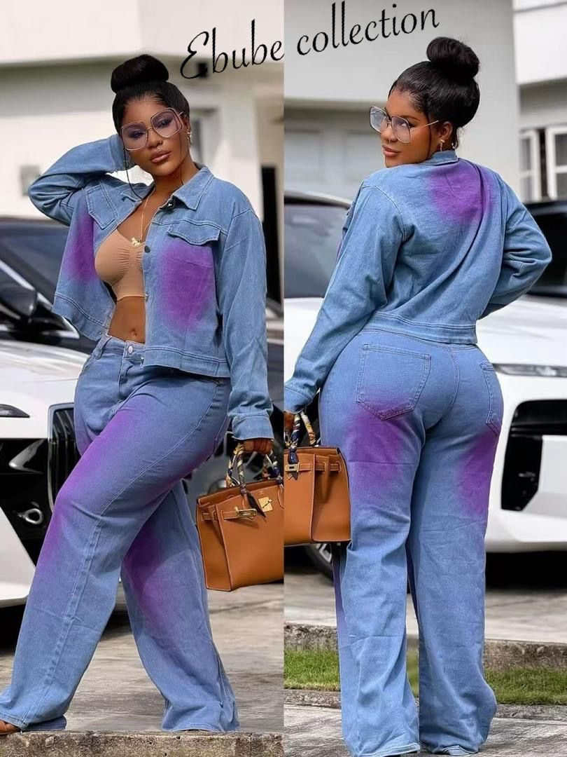 Ensemble en jean veste courte et pantalon large à motif teinté, Tendressa