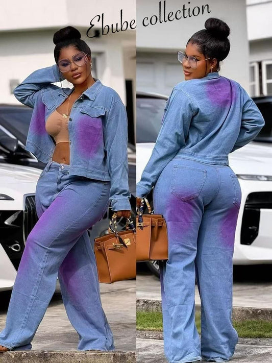 Ensemble en jean veste courte et pantalon large à motif teinté, Tendressa