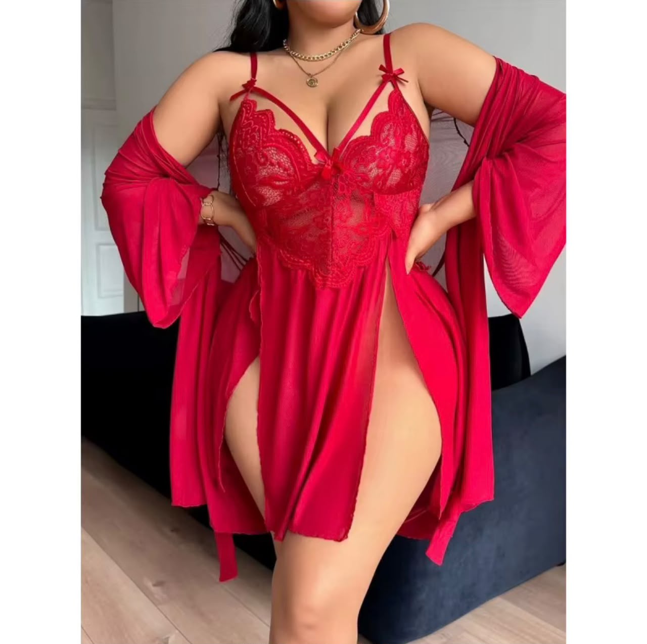 Ensemble nuisette dentelle et peignoir voile gris anthracite