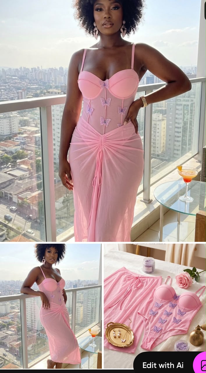 Ensemble bustier jupe et culotte rose a papillons detail des trois pieces