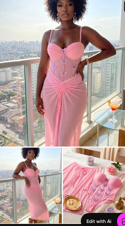Ensemble bustier jupe et culotte rose a papillons detail des trois pieces