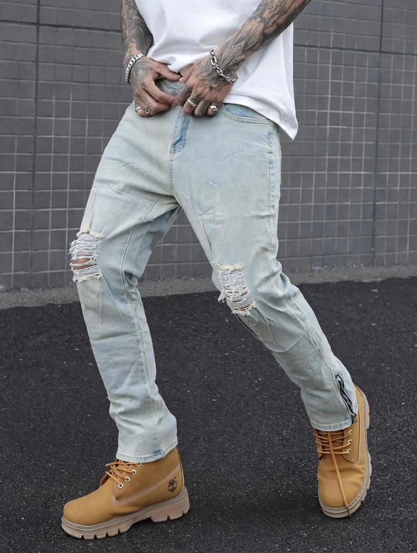 Jean slim délavé clair déchiré zip cheville homme — Tendressa