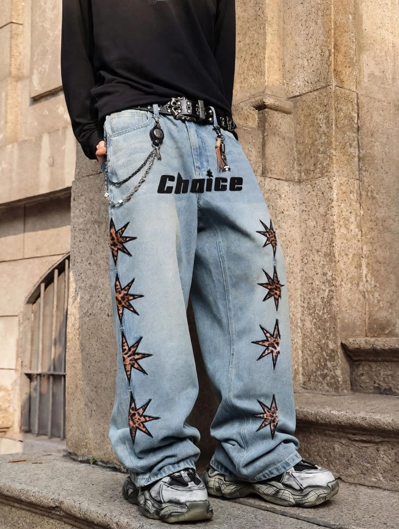 Jean baggy délavé clair motifs étoiles léopard homme — Tendressa