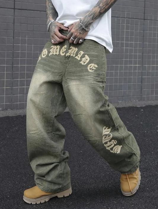 Jean baggy délavé vert kaki lettrage gothique homme — Tendressa