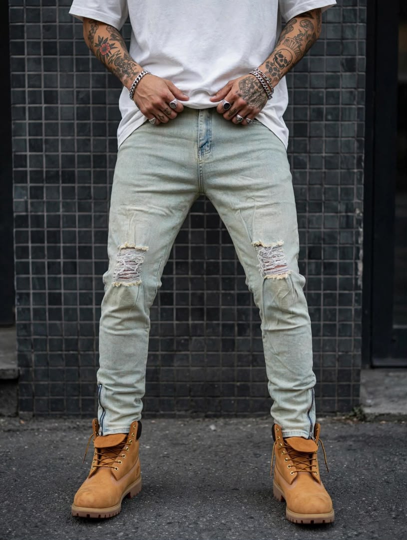 Jean slim délavé vintage déchiré genoux zip homme — Tendressa