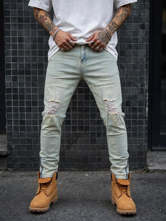 Jean slim délavé vintage déchiré genoux zip homme — Tendressa
