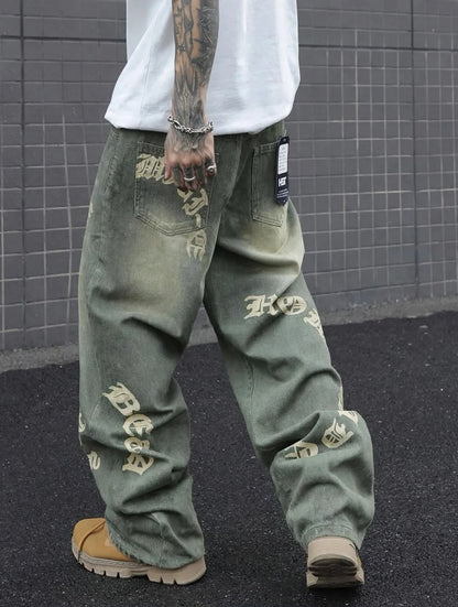 Jean baggy délavé vert kaki lettrage gothique homme — Tendressa