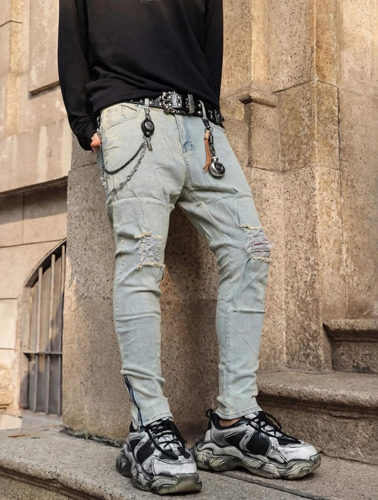 Jean skinny bleu clair déchiré zip cheville homme — Tendressa
