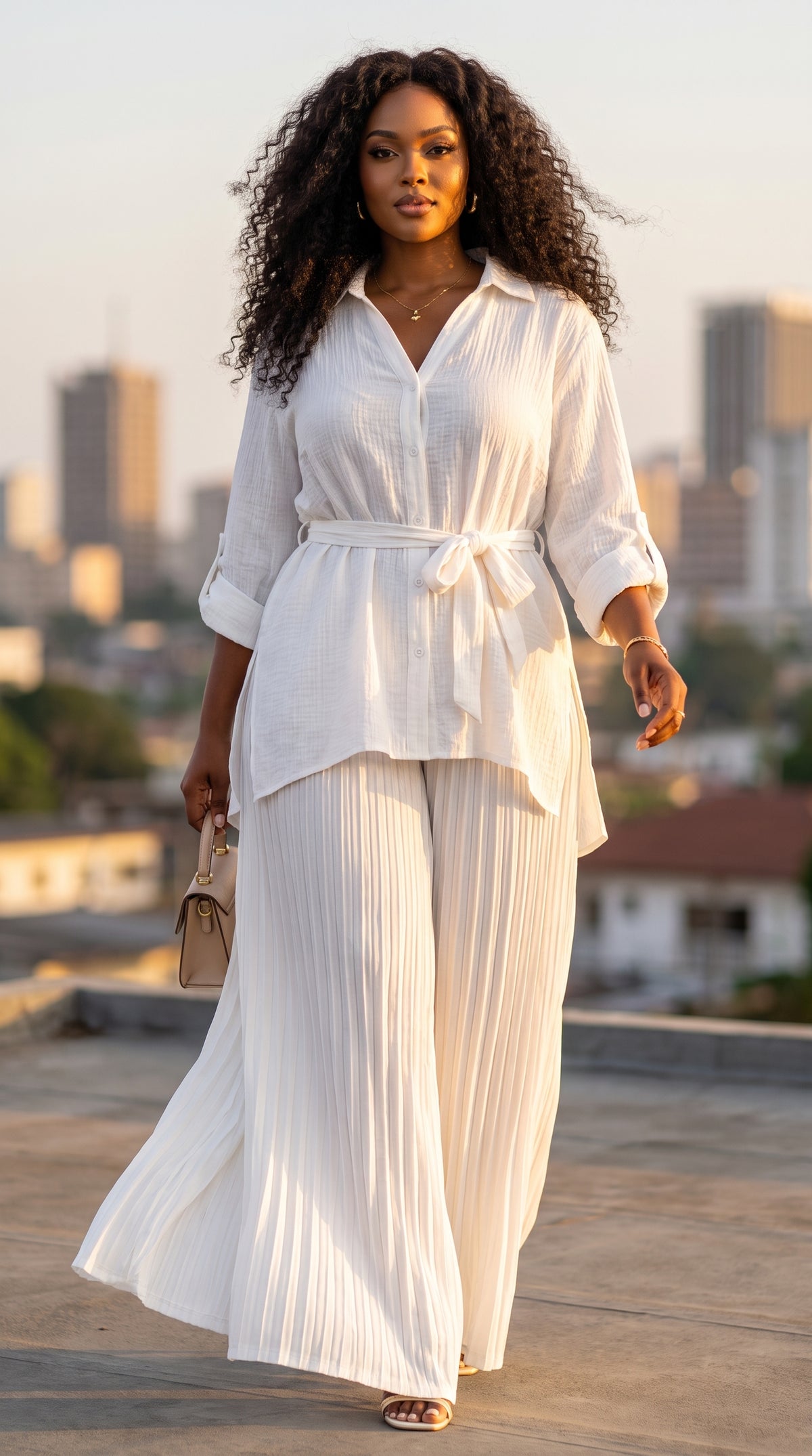 Ensemble chemise ceinturée et pantalon plissé