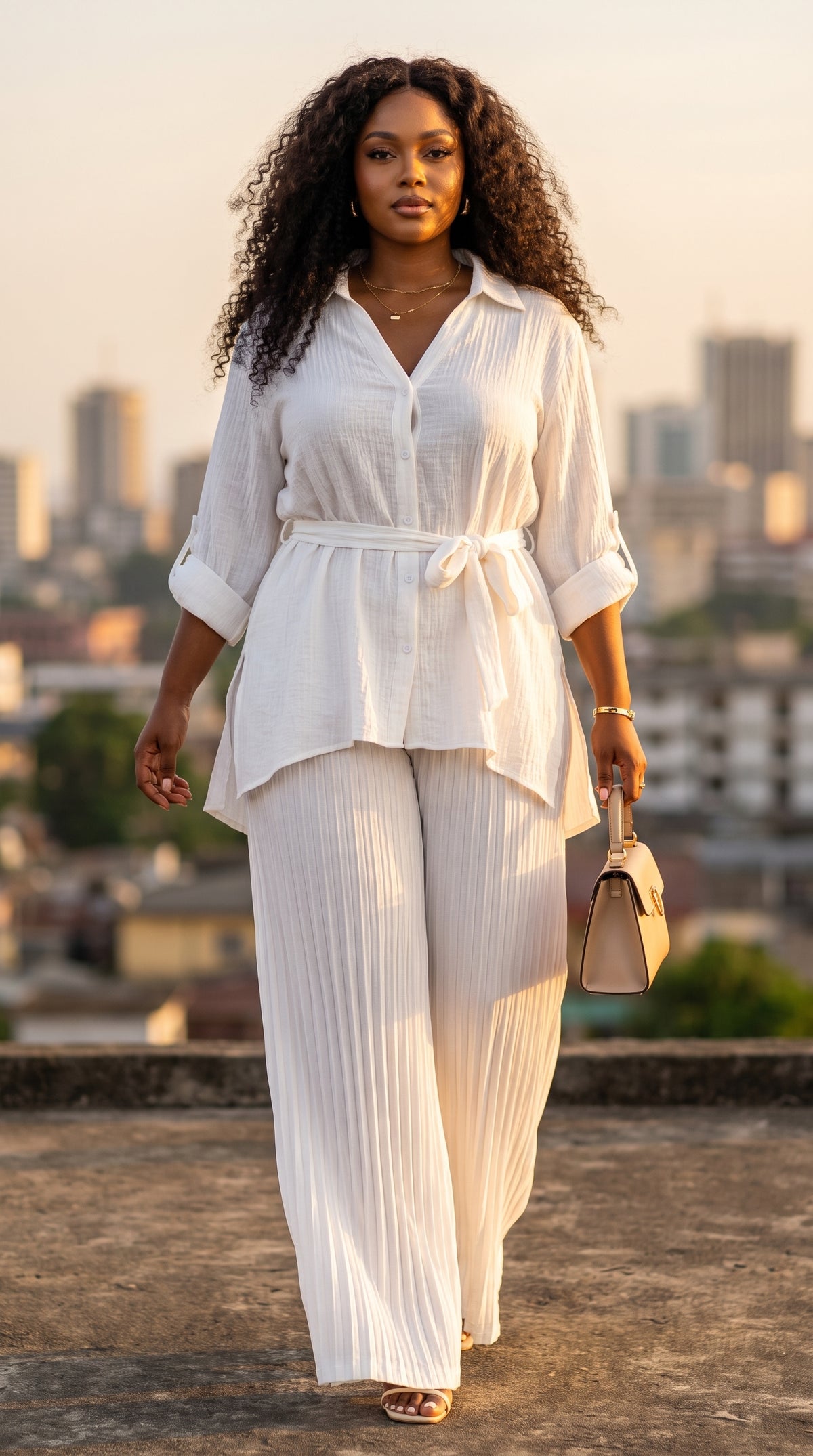 Ensemble chemise ceinturée et pantalon plissé