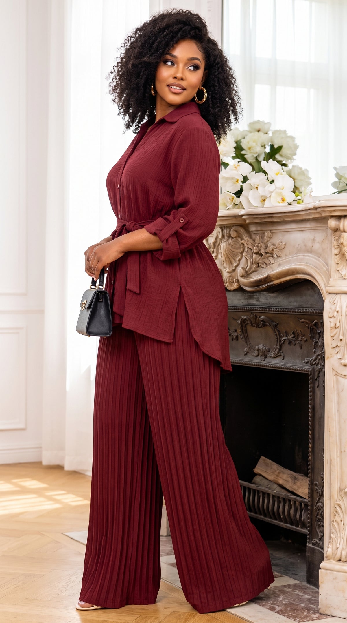 Ensemble chemise ceinturée et pantalon plissé