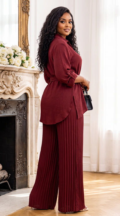 Ensemble chemise ceinturée et pantalon plissé