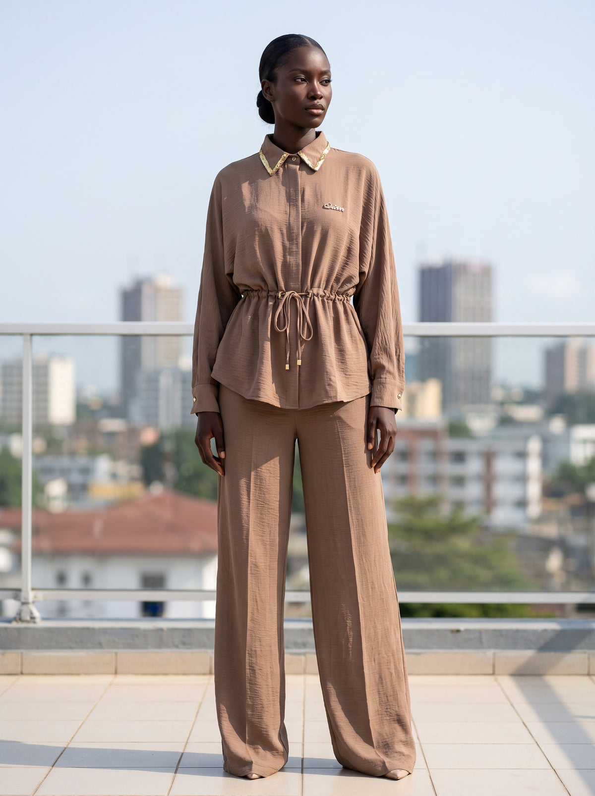 Ensemble tunique à cordon et pantalon large taupe Tendressa - vue 4