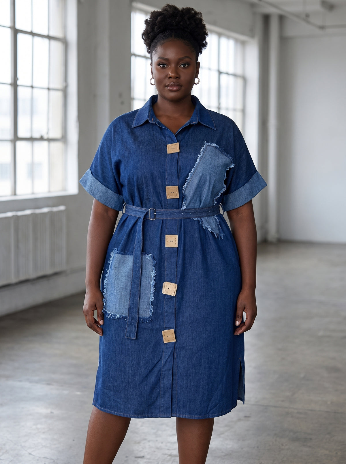 Robe chemise midi en jean à patchs Tendressa - vue 2