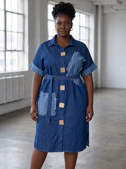 Robe chemise midi en jean à patchs Tendressa - vue 2