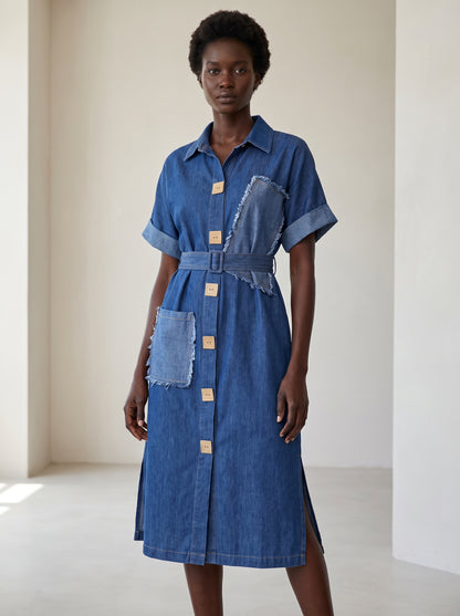 Robe chemise midi en jean à patchs Tendressa - vue 4
