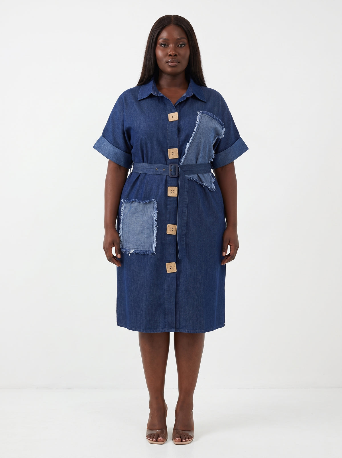 Robe chemise midi en jean à patchs Tendressa - vue 3