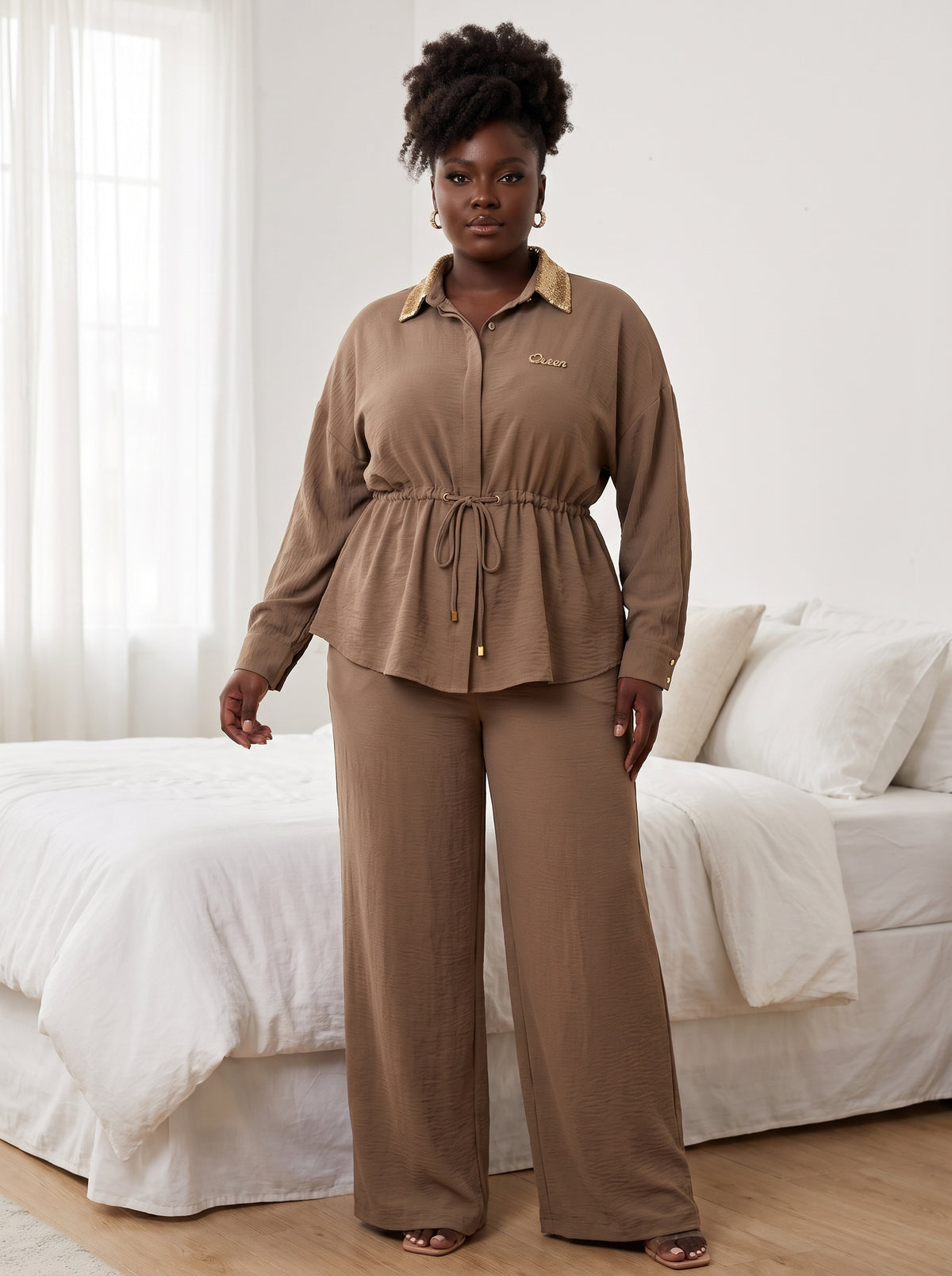 Ensemble tunique à cordon et pantalon large taupe Tendressa - vue 3