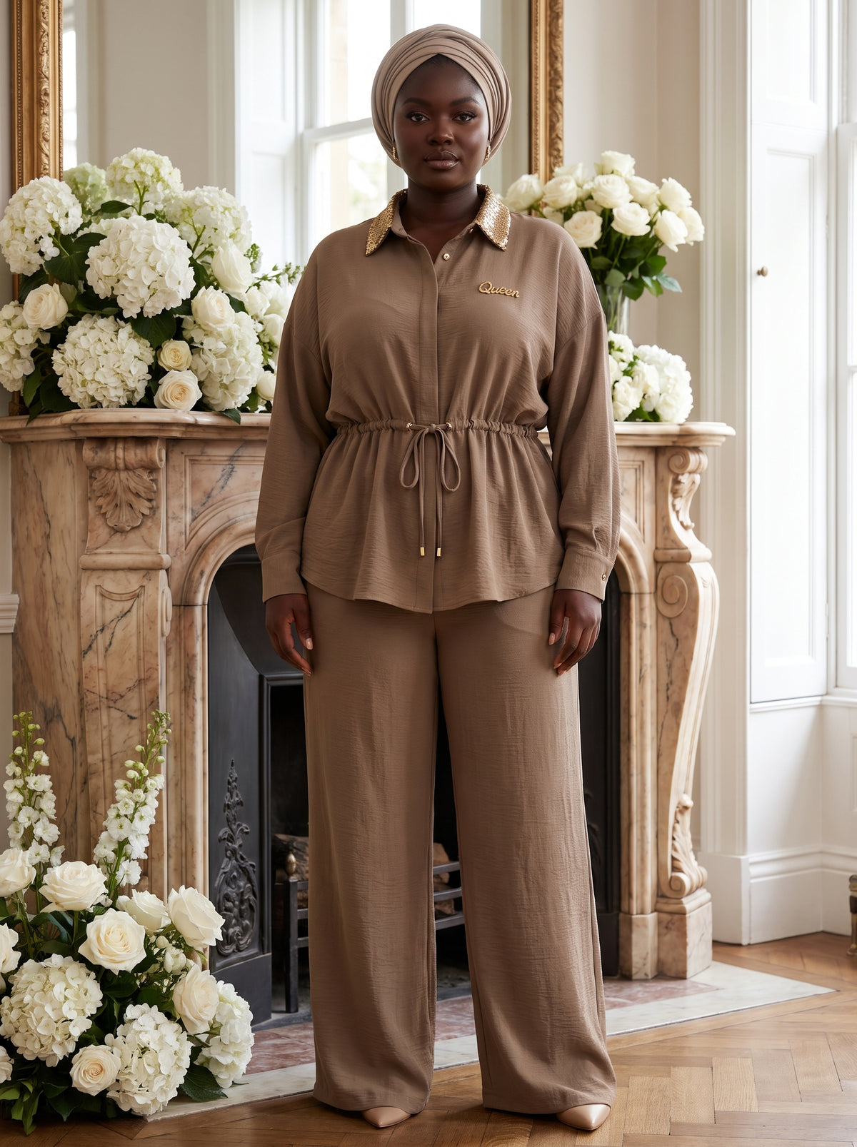 Ensemble tunique à cordon et pantalon large taupe Tendressa