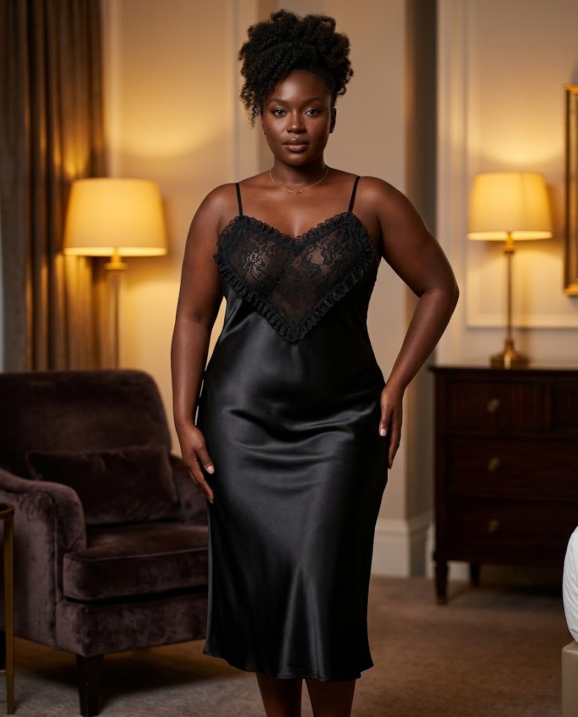Nuisette longue en satin rouge à empiècement dentelle en coeur