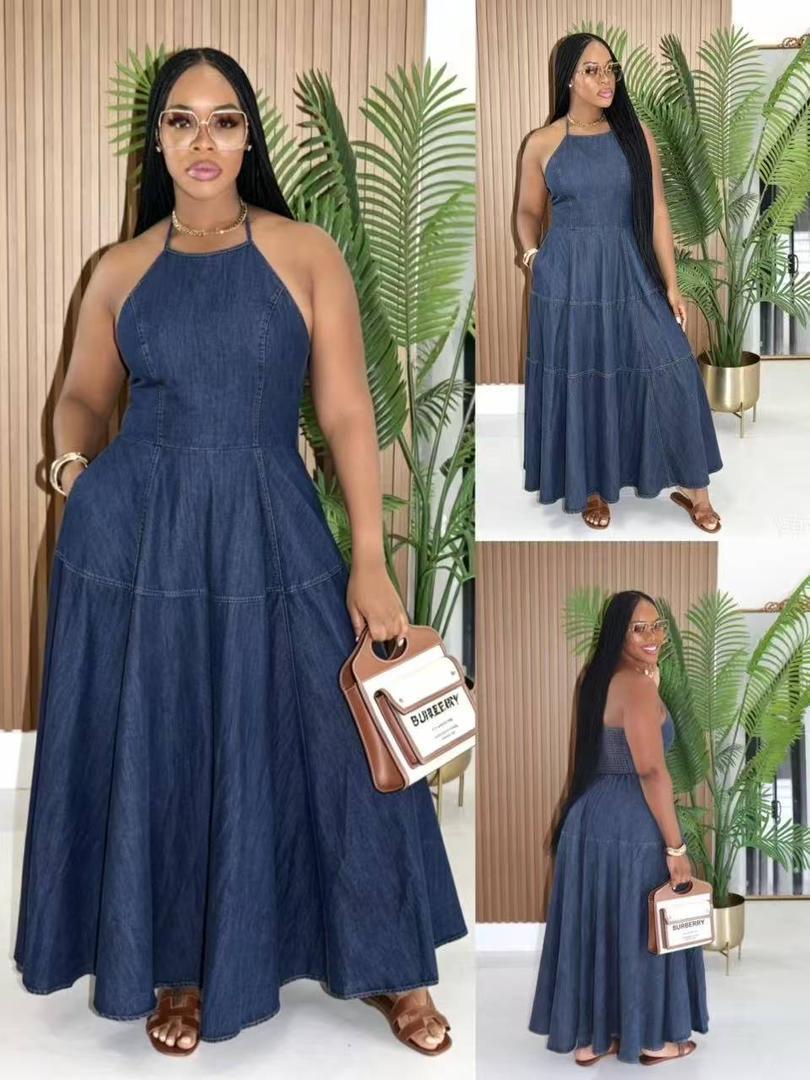 Robe longue en jean dos nu évasée