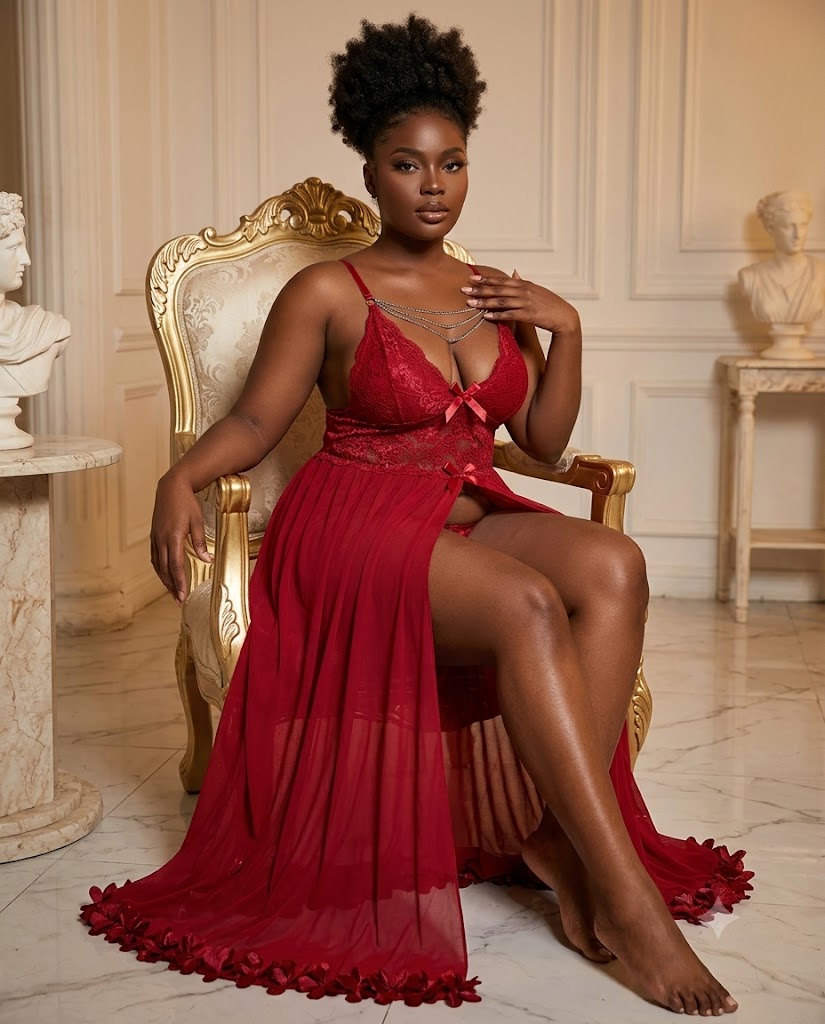 Nuisette longue rouge dentelle chaînes fleurs ourlet — Tendressa