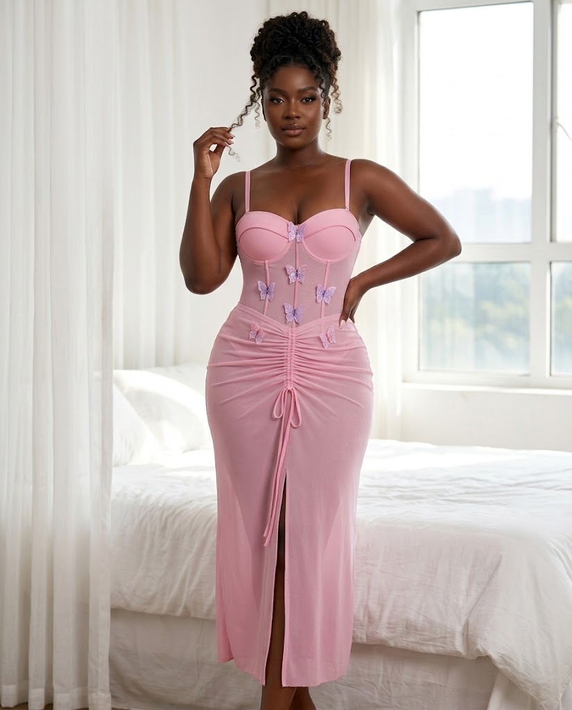 Ensemble bustier et jupe longue rose a papillons en relief