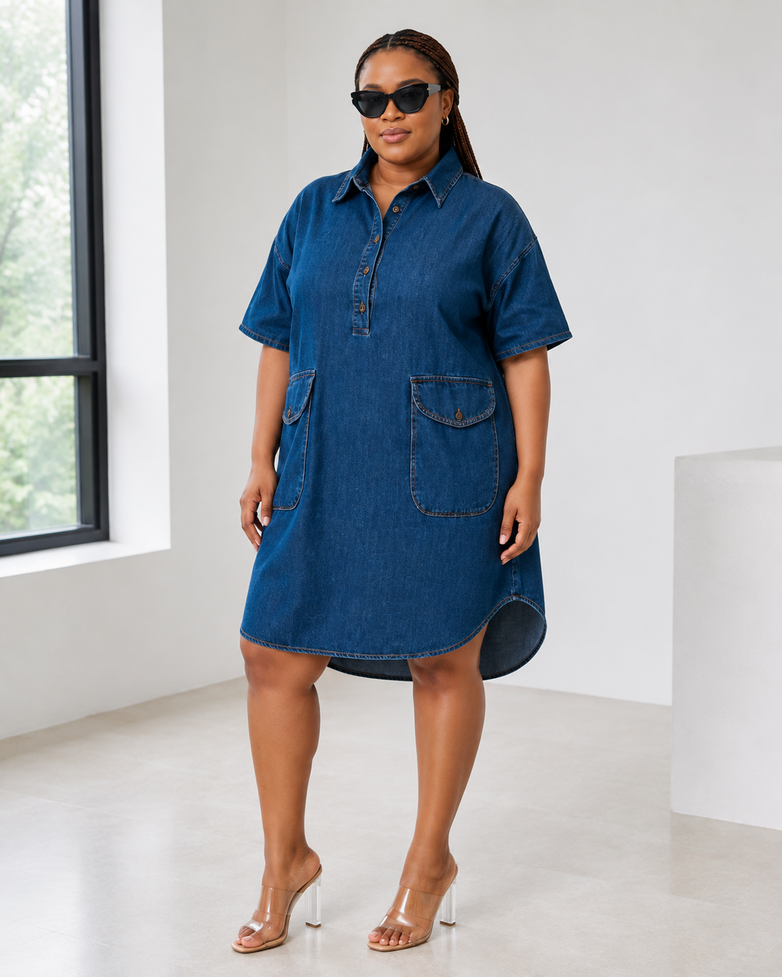 Robe chemise courte en jean, vue de face