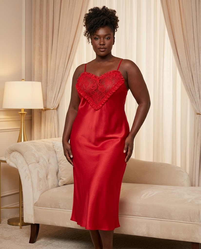 Nuisette longue en satin noir à empiècement dentelle en coeur