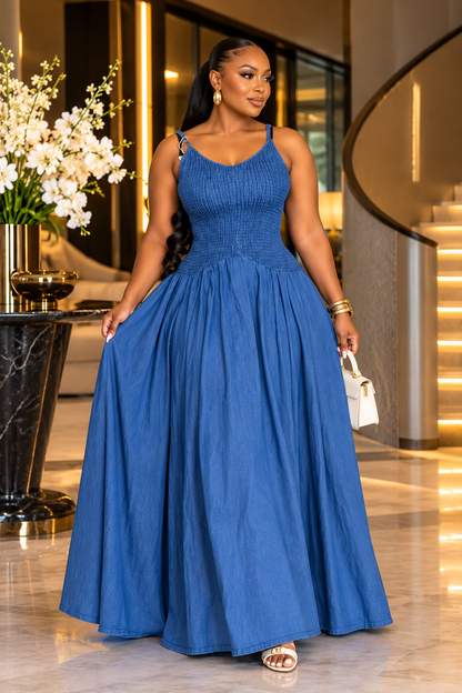 Robe Longue Bleu Denim à Bretelles – Élégance & Chic
