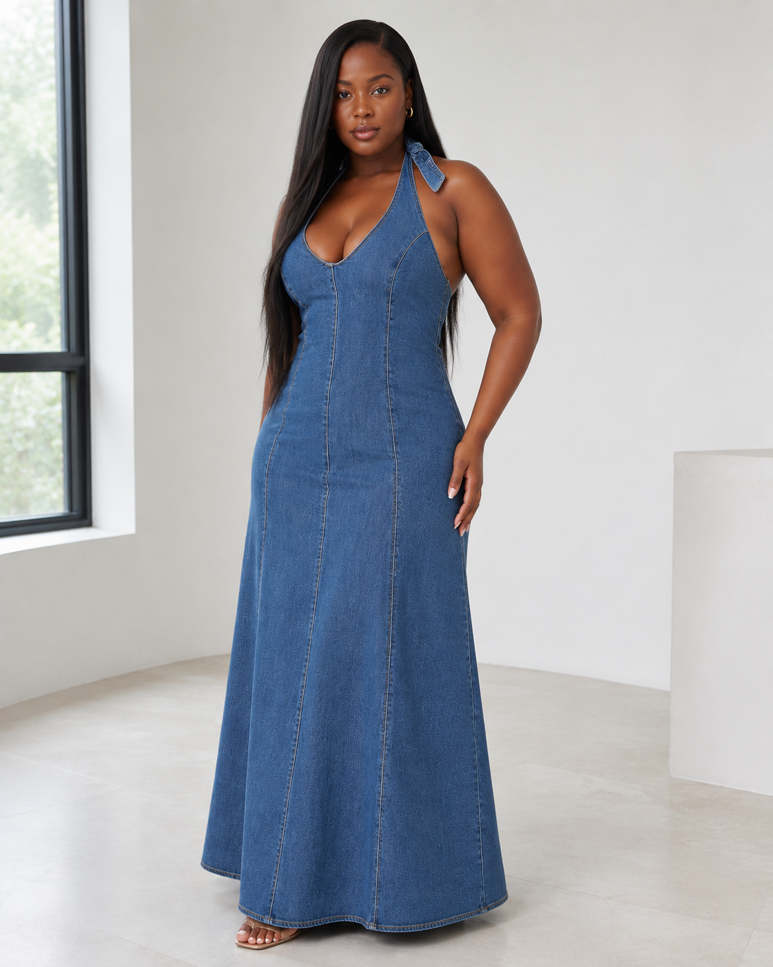 Robe longue en jean licou portée de trois quarts