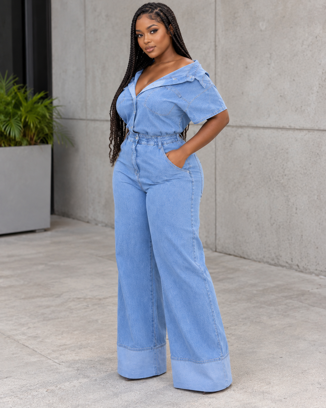 Combinaison en jean col tombant et jambe large Tendressa