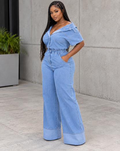 Combinaison en jean col tombant et jambe large Tendressa