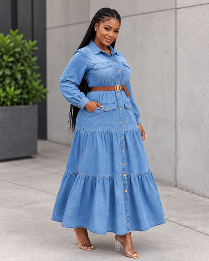 Robe chemise longue en jean à volants Tendressa