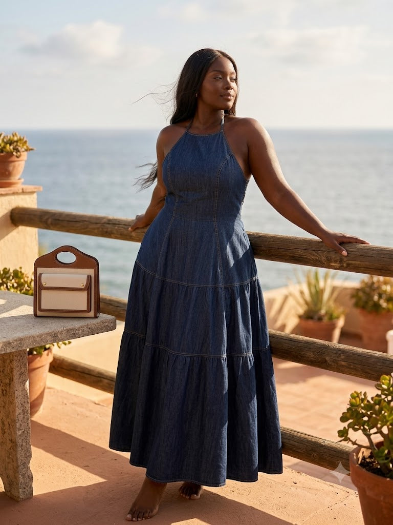Robe longue en jean dos nu évasée