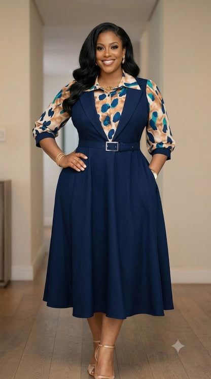 Robe-tablier ceinturée à chemisier imprimé