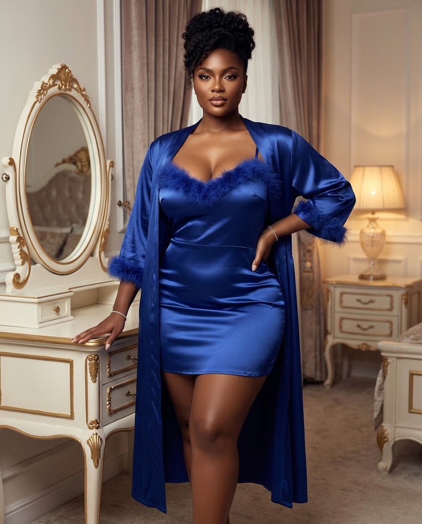 Ensemble nuisette satin et peignoir a plumes noir