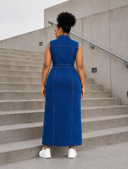 Robe chemise longue en jean, boutonnage intégral et longueur cheville