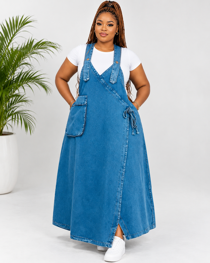 Robe salopette longue en jean à poche
