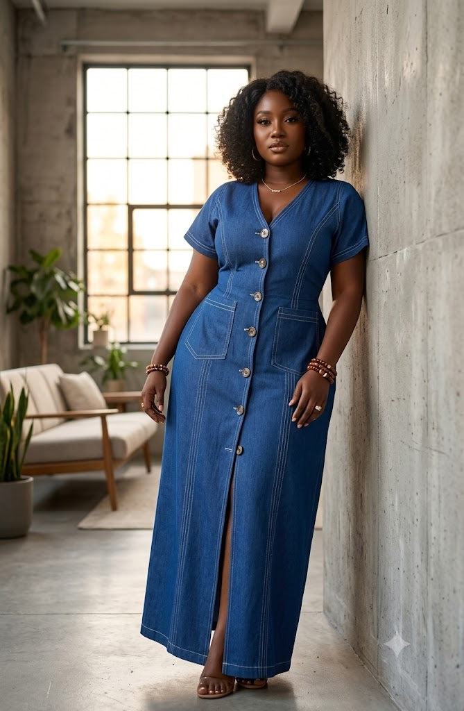 Robe longue en jean boutonnée à poches
