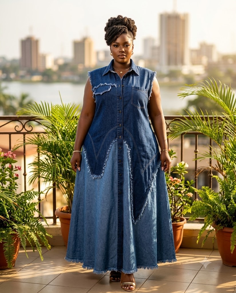 Robe longue en jean bicolore franges