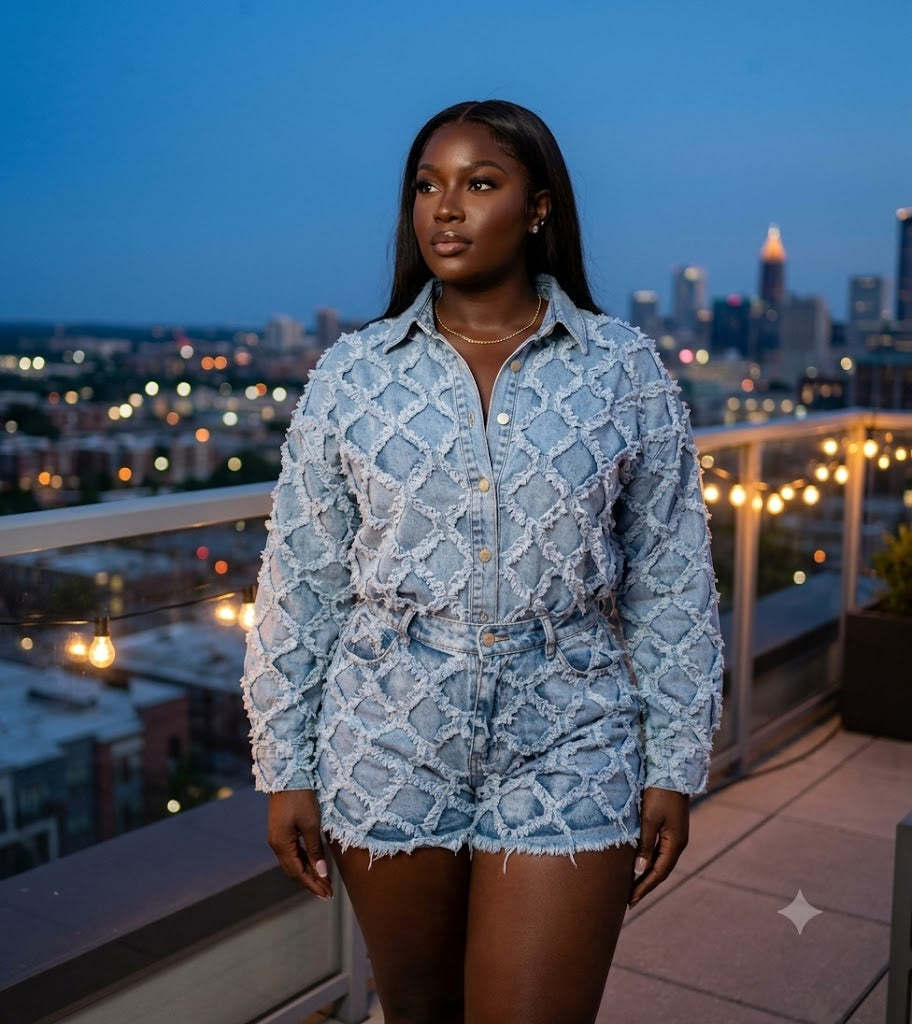 Ensemble veste et short en jean texturé