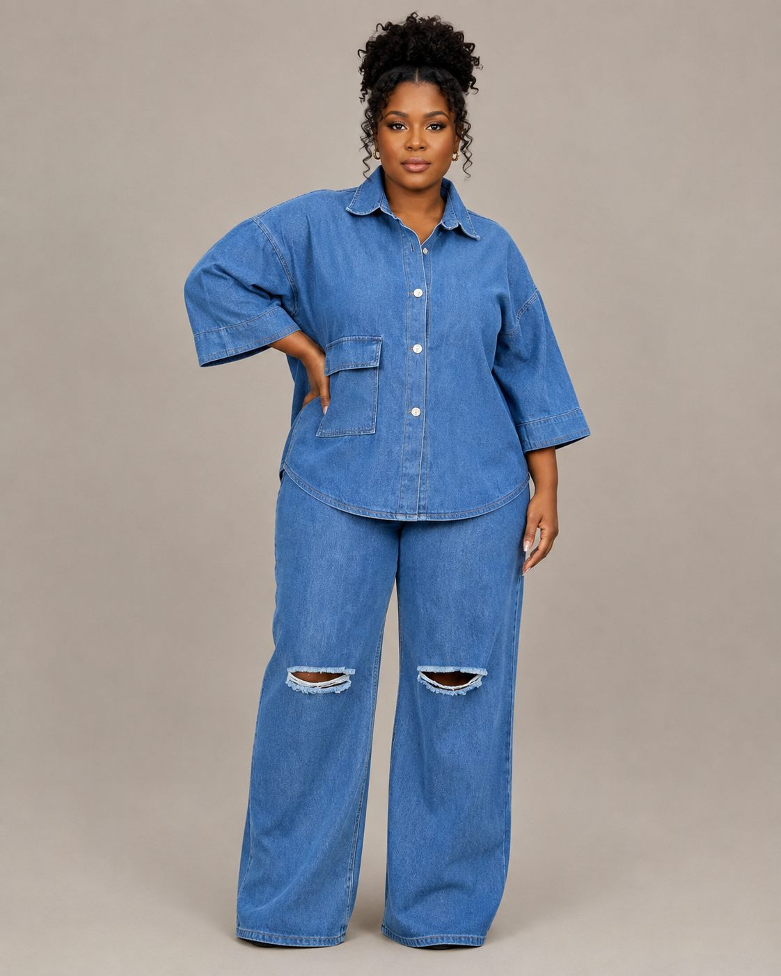 Ensemble en jean chemise oversize et pantalon large, Tendressa