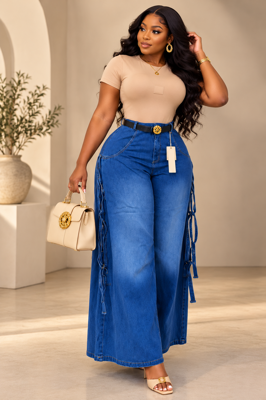 Pantalon jean très large à lanières latérales