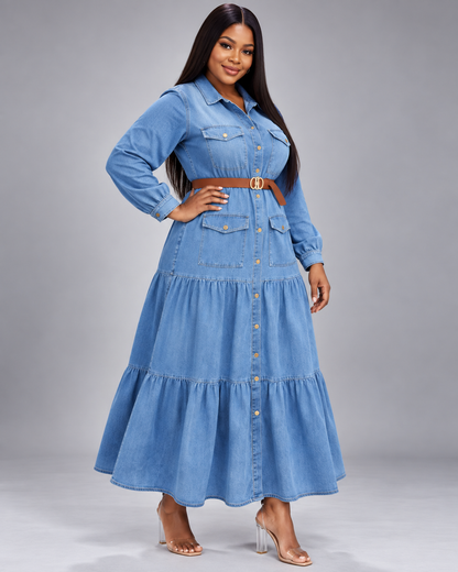 Robe chemise longue en jean à volants Tendressa
