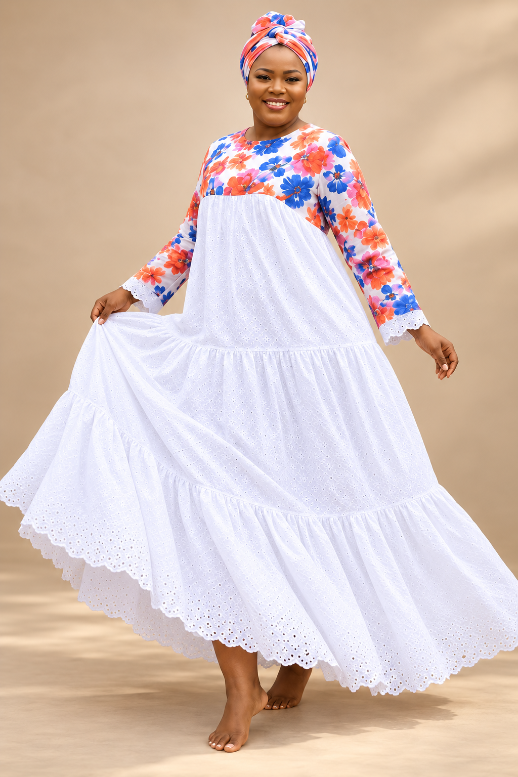 Robe longue en broderie anglaise blanche à manches longues imprimé fleuri