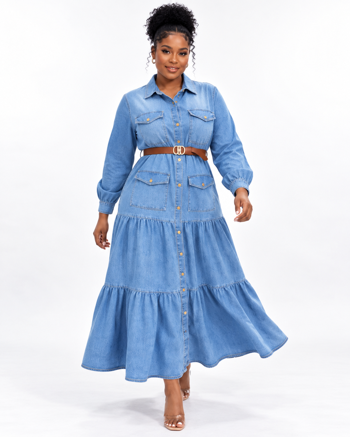 Robe chemise longue en jean à volants Tendressa