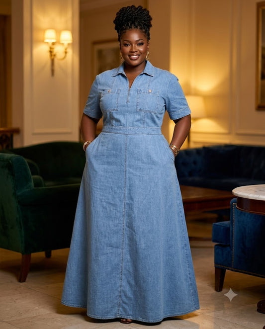 Robe longue en jean col zippé