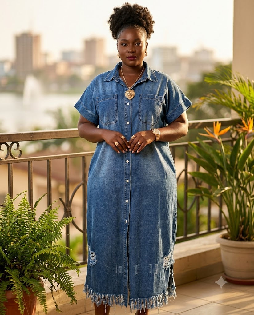 Robe chemise en jean à ourlet frangé