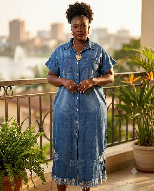 Robe chemise en jean à ourlet frangé